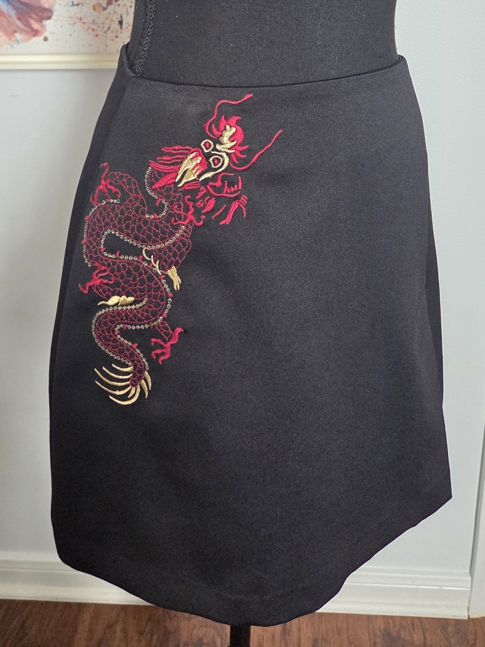 Morgan de Toi Black Mini Skirt with Red & Gold Dragon Embroidery